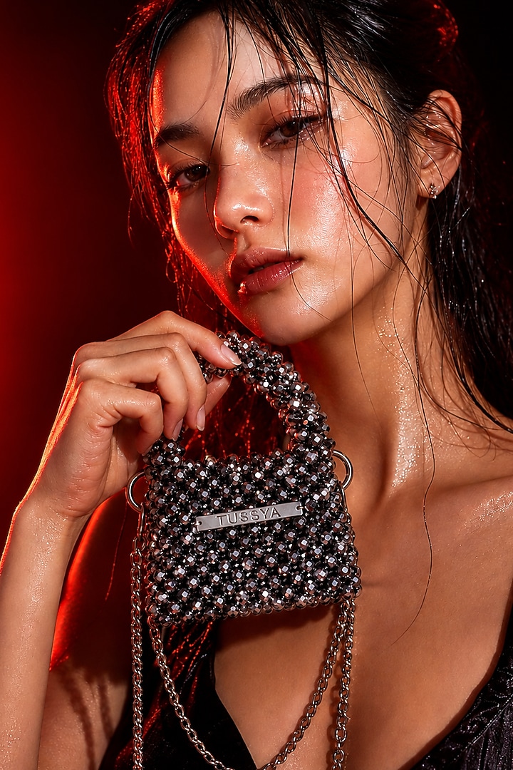 Grey Glass Crystal Handwoven Mini Bag by Tussya at Pernia's Pop Up Shop