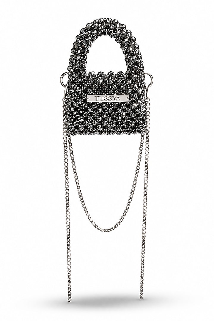 Grey Glass Crystal Handwoven Mini Bag by Tussya at Pernia's Pop Up Shop