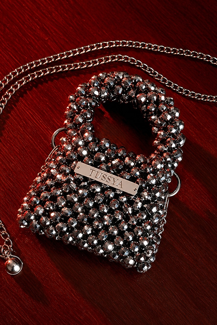 Grey Glass Crystal Handwoven Mini Bag by Tussya at Pernia's Pop Up Shop