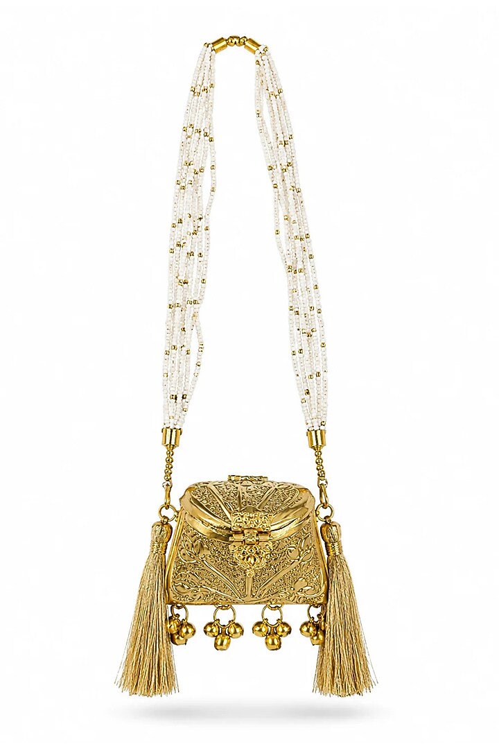 Gold Brass Pearl Beaded Sling Bag by Tussya at Pernia's Pop Up Shop
