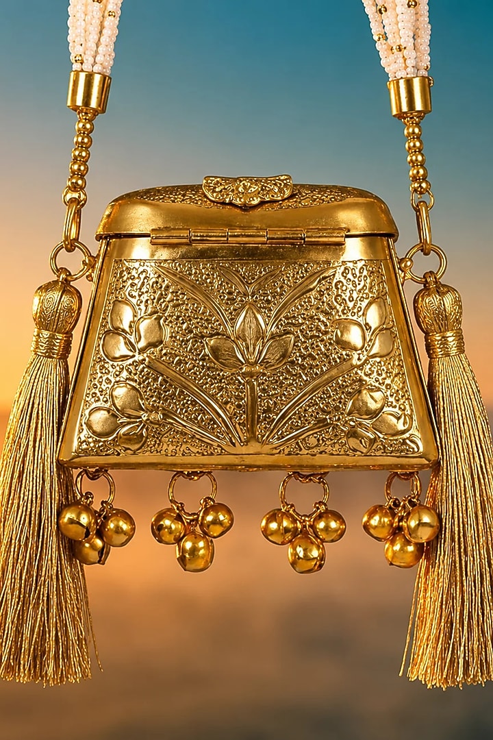Gold Brass Pearl Beaded Sling Bag by Tussya at Pernia's Pop Up Shop