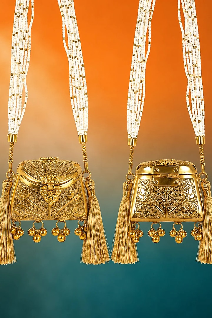 Gold Brass Pearl Beaded Sling Bag by Tussya at Pernia's Pop Up Shop