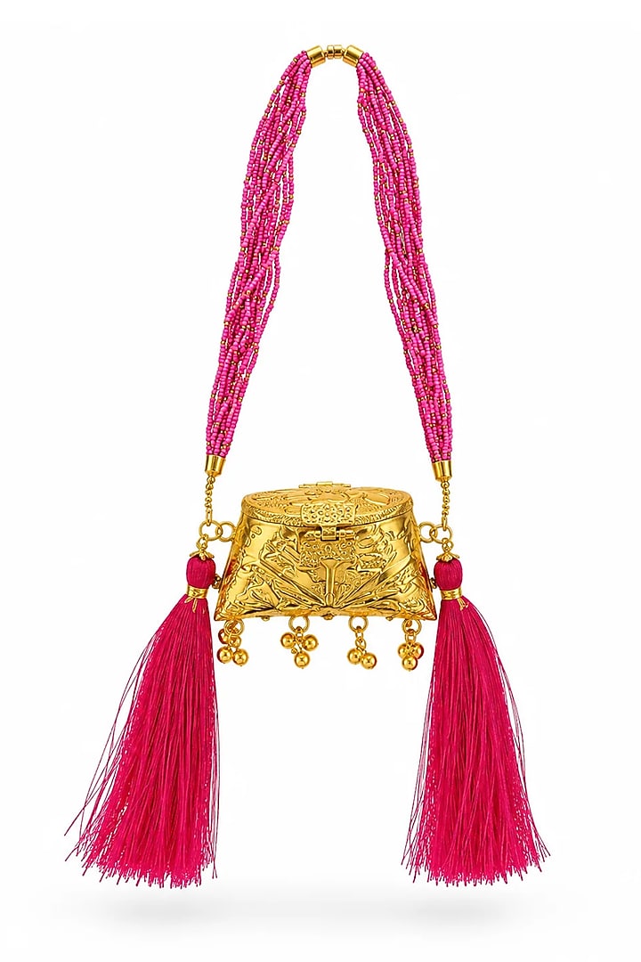 Gold Brass Red Beaded Sling Bag by Tussya at Pernia's Pop Up Shop