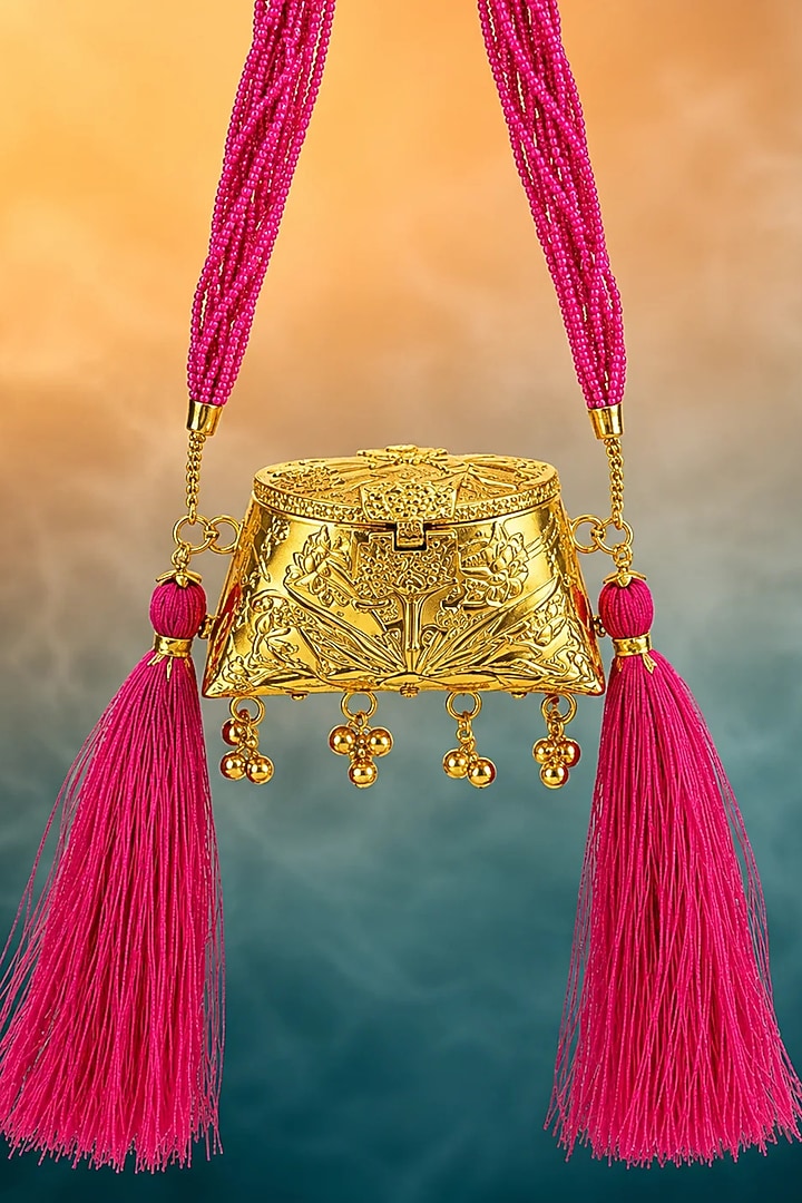 Gold Brass Red Beaded Sling Bag by Tussya at Pernia's Pop Up Shop