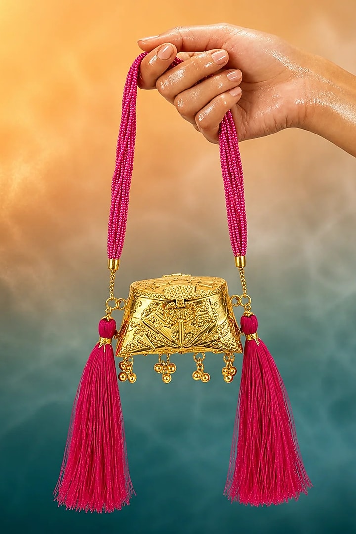Gold Brass Red Beaded Sling Bag by Tussya at Pernia's Pop Up Shop