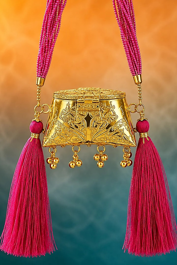 Gold Brass Red Beaded Sling Bag by Tussya at Pernia's Pop Up Shop