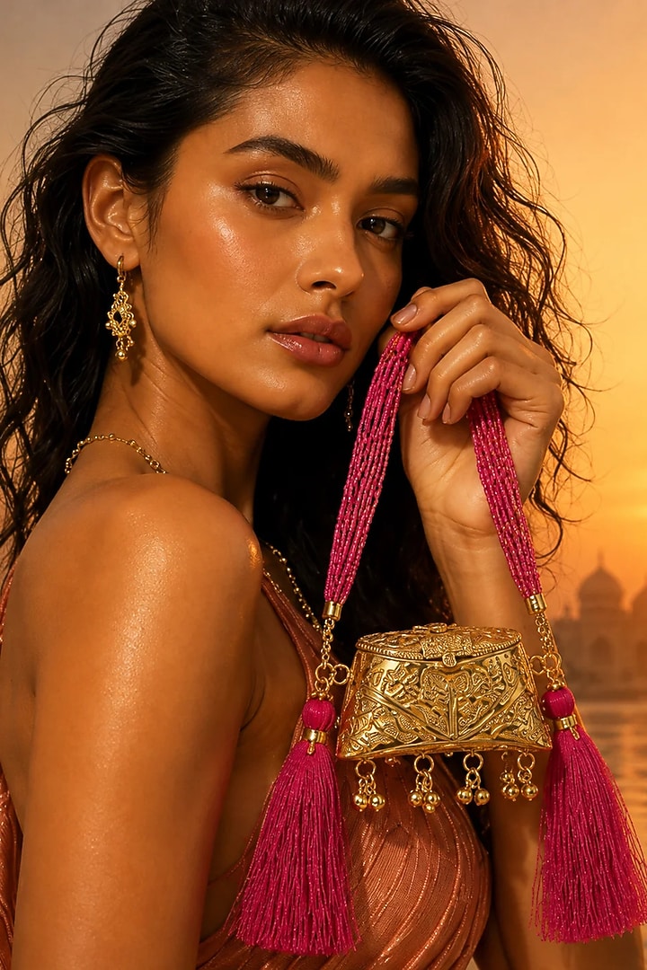 Gold Brass Red Beaded Sling Bag by Tussya at Pernia's Pop Up Shop