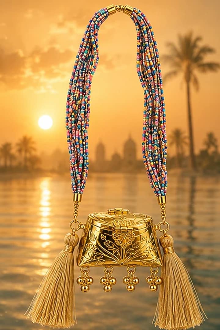 Gold Brass Multi-Colored Beaded Sling Bag by Tussya at Pernia's Pop Up Shop