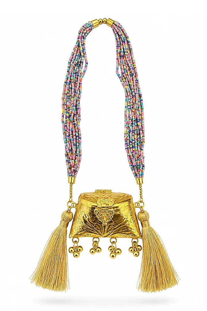 Gold Brass Multi-Colored Beaded Sling Bag by Tussya at Pernia's Pop Up Shop