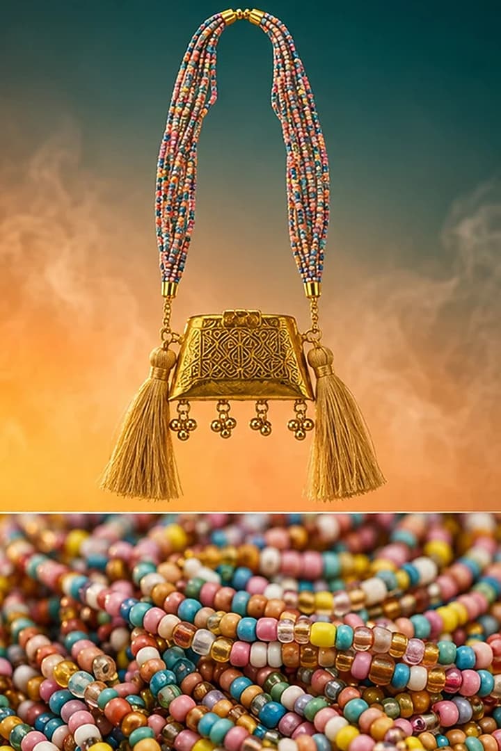 Gold Brass Multi-Colored Beaded Sling Bag by Tussya at Pernia's Pop Up Shop