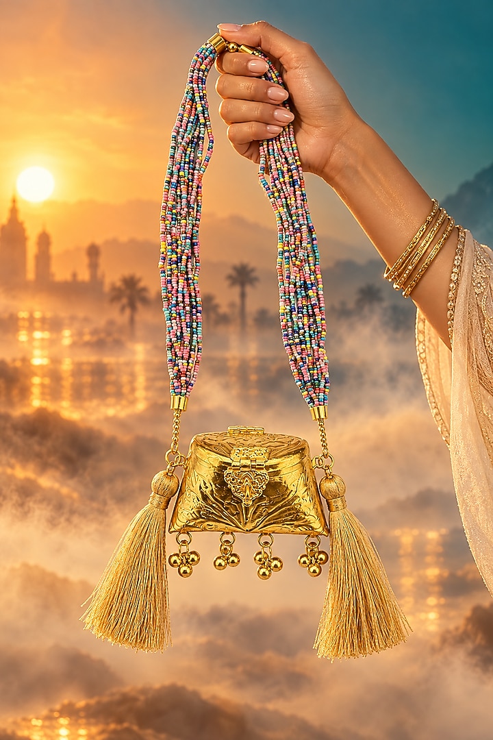 Gold Brass Multi-Colored Beaded Sling Bag by Tussya at Pernia's Pop Up Shop