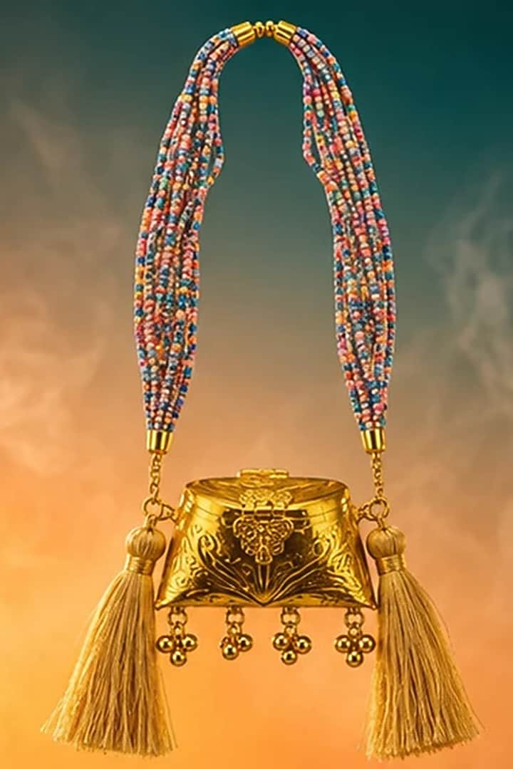 Gold Brass Multi-Colored Beaded Sling Bag by Tussya at Pernia's Pop Up Shop