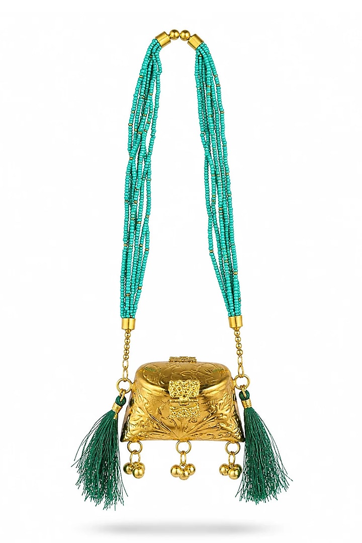 Gold Brass Green Beaded Sling Bag by Tussya at Pernia's Pop Up Shop