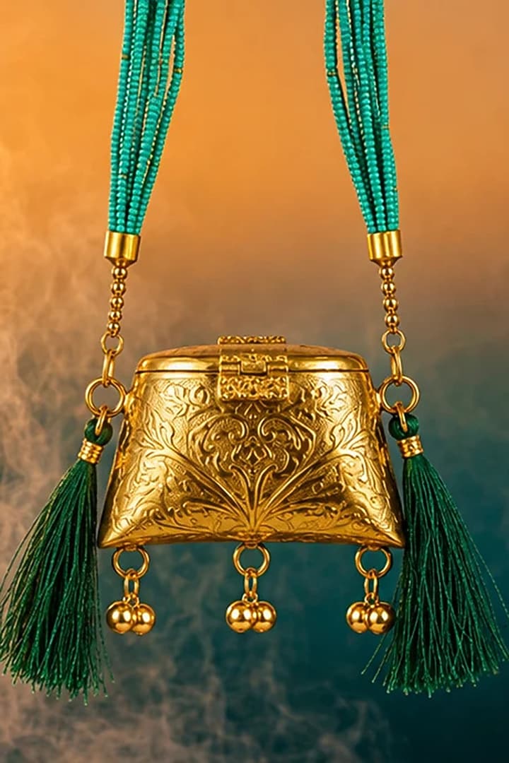 Gold Brass Green Beaded Sling Bag by Tussya at Pernia's Pop Up Shop