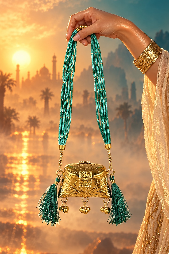 Gold Brass Green Beaded Sling Bag by Tussya at Pernia's Pop Up Shop