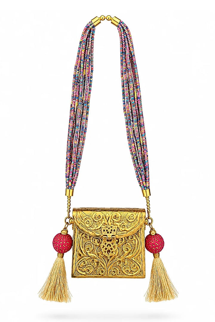 Gold Brass Multi-Colored Beaded Sling Bag by Tussya at Pernia's Pop Up Shop