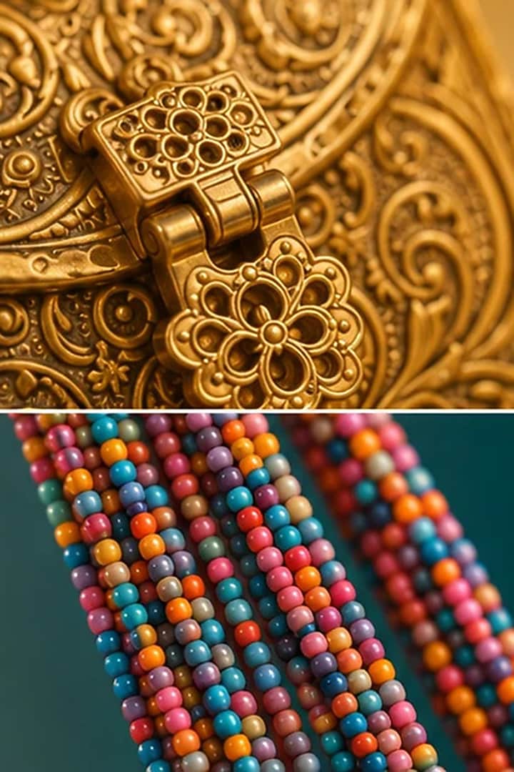 Gold Brass Multi-Colored Beaded Sling Bag by Tussya at Pernia's Pop Up Shop