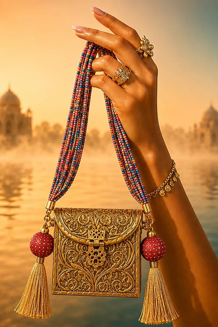 Gold Brass Multi-Colored Beaded Sling Bag by Tussya at Pernia's Pop Up Shop