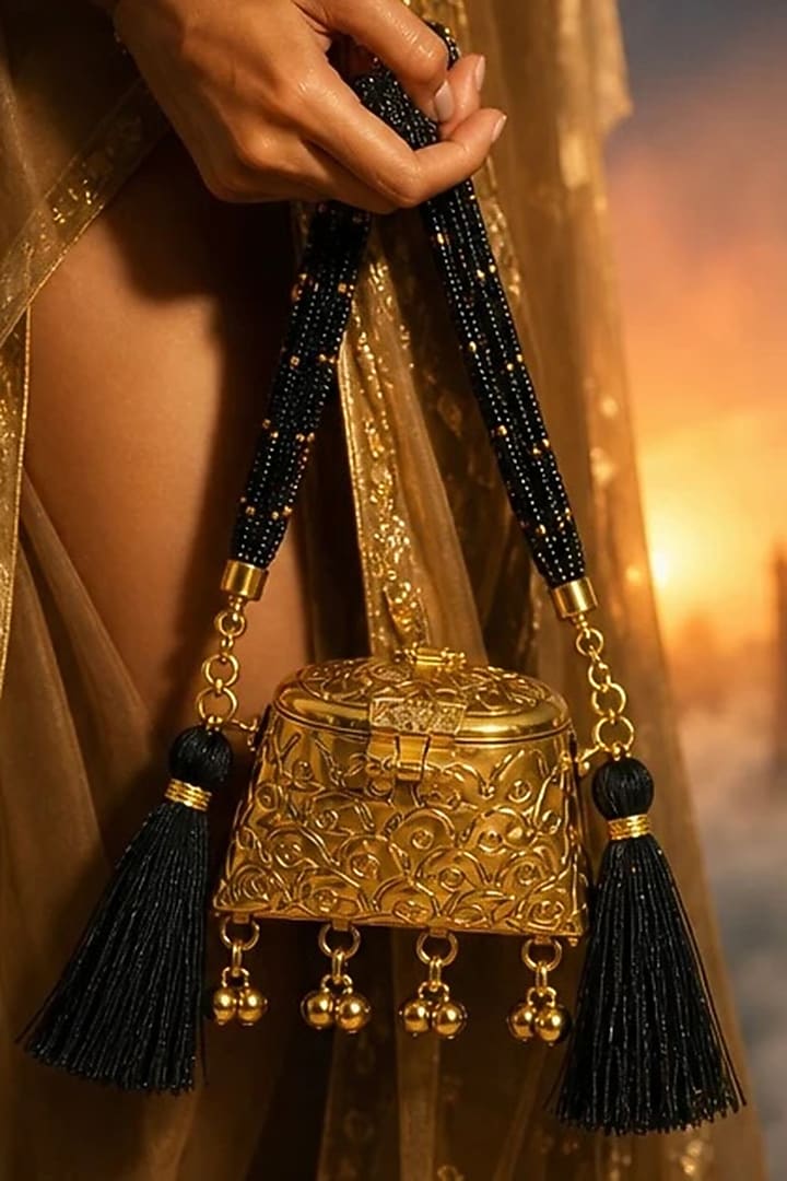 Gold Brass Black Beaded Sling Bag by Tussya at Pernia's Pop Up Shop