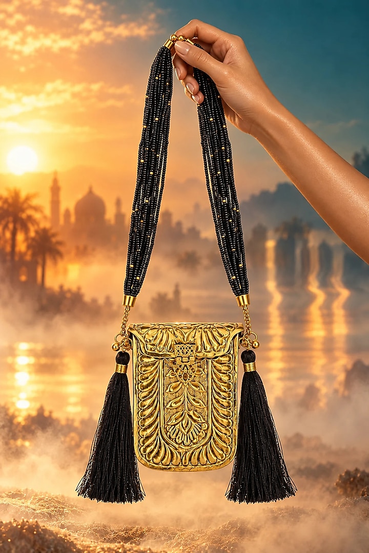 Gold Brass Black Beaded Handcrafted Sling Bag by Tussya at Pernia's Pop Up Shop