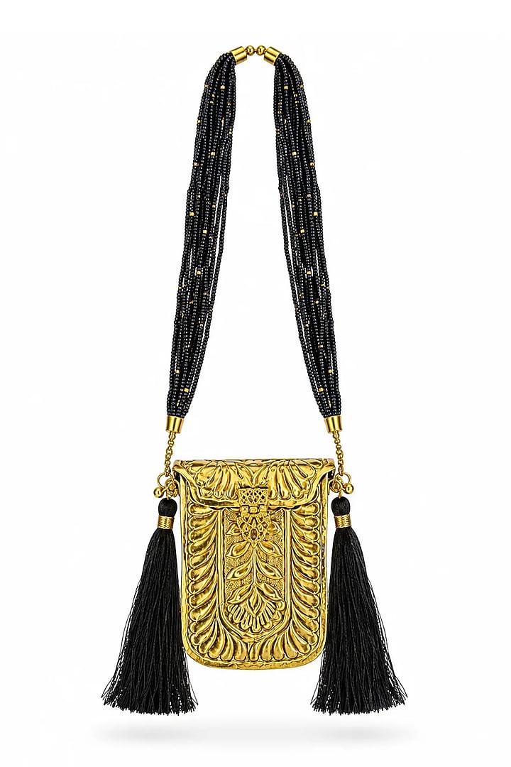 Gold Brass Black Beaded Handcrafted Sling Bag by Tussya at Pernia's Pop Up Shop