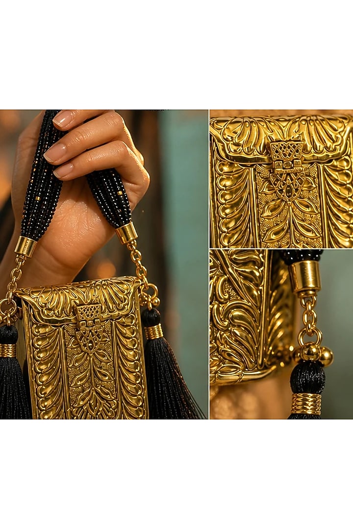 Gold Brass Black Beaded Handcrafted Sling Bag by Tussya at Pernia's Pop Up Shop