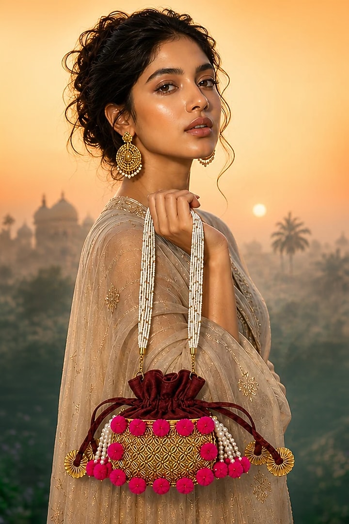Gold Brass & Velvet Beaded Handcrafted Potli by Tussya at Pernia's Pop Up Shop