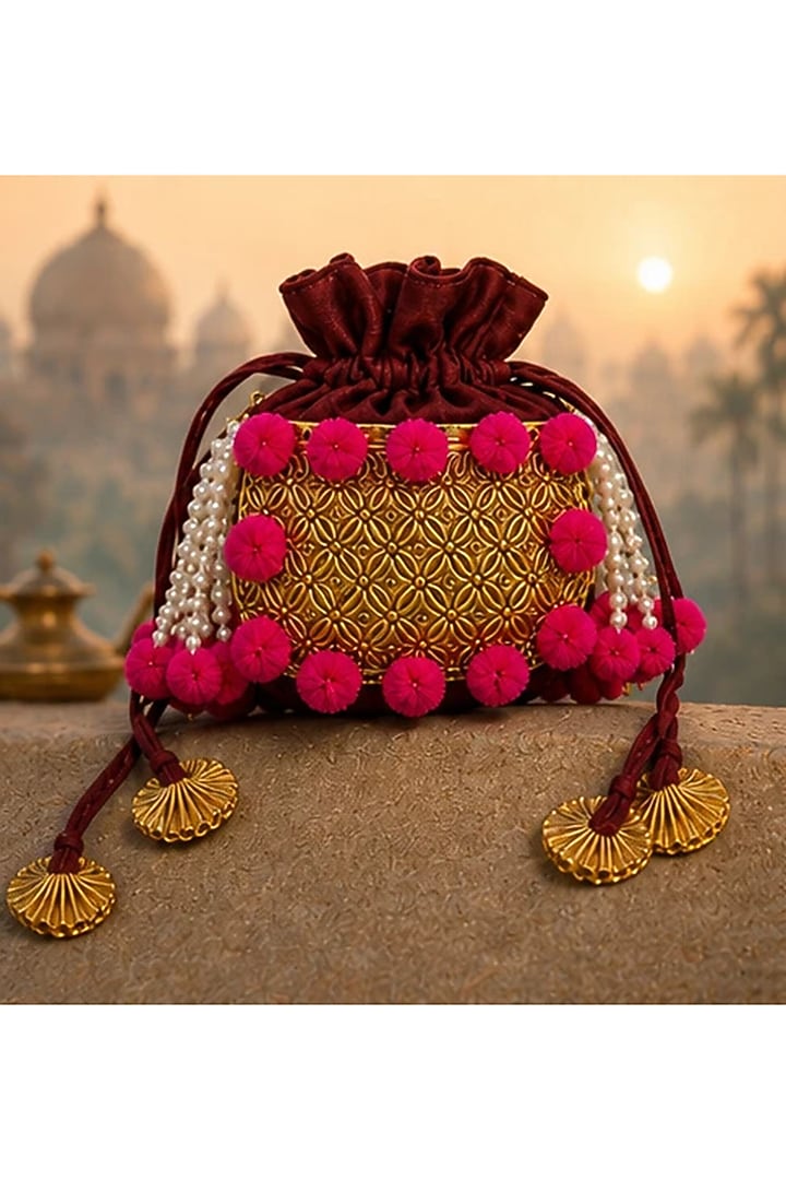 Gold Brass & Velvet Beaded Handcrafted Potli by Tussya at Pernia's Pop Up Shop