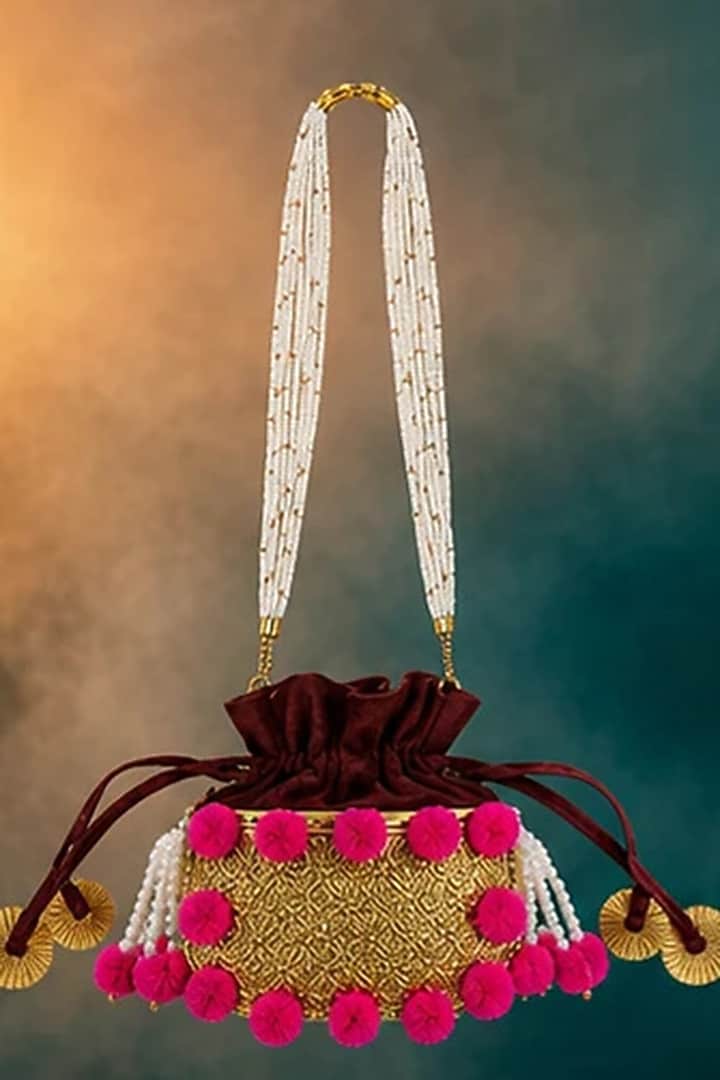 Gold Brass & Velvet Beaded Handcrafted Potli by Tussya at Pernia's Pop Up Shop