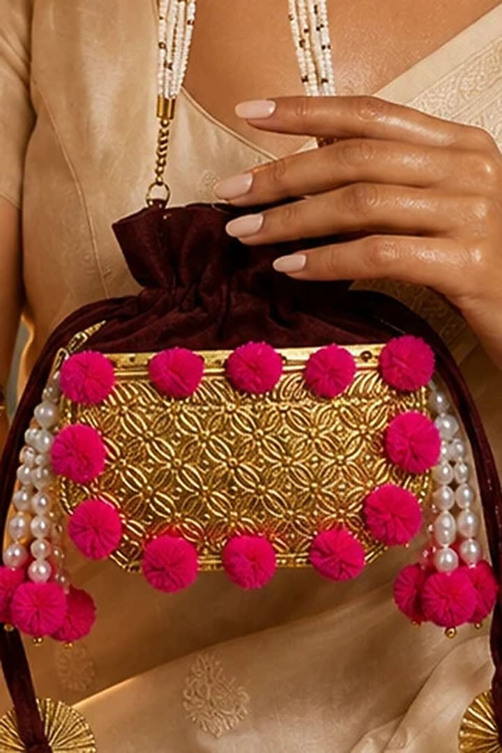 Gold Brass & Velvet Beaded Handcrafted Potli by Tussya at Pernia's Pop Up Shop