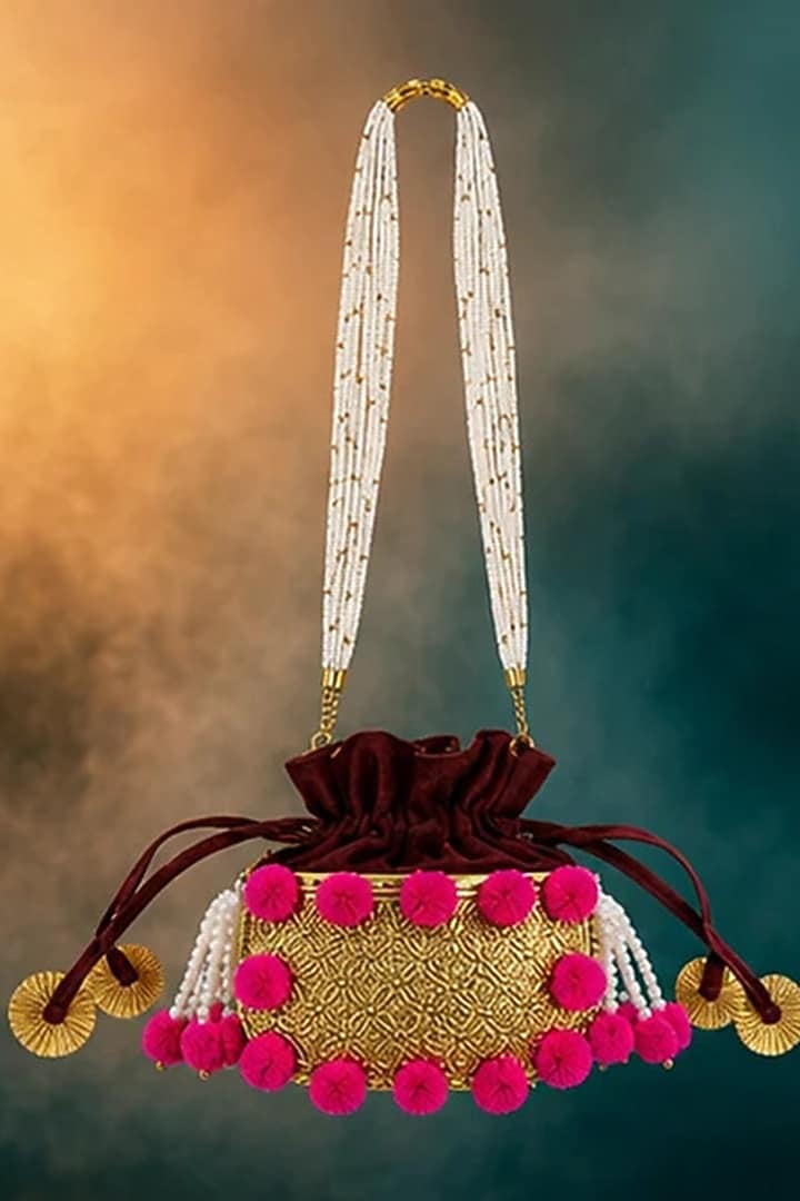 Gold Brass & Velvet Beaded Handcrafted Potli by Tussya at Pernia's Pop Up Shop