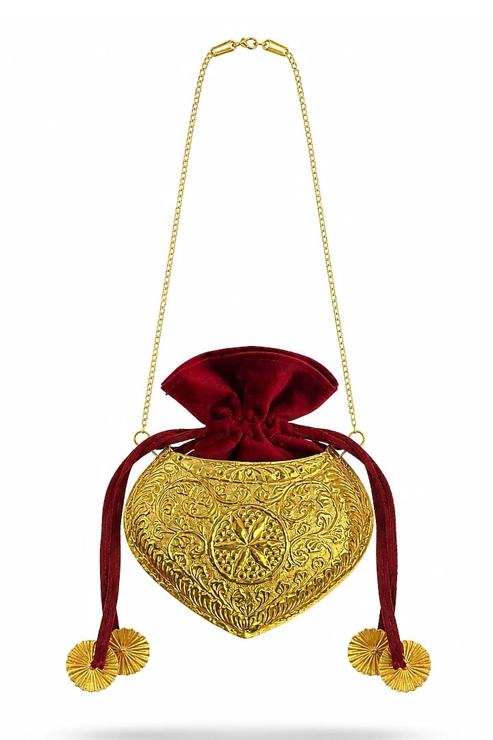 Gold Brass & Velvet Handcrafted Potli by Tussya at Pernia's Pop Up Shop