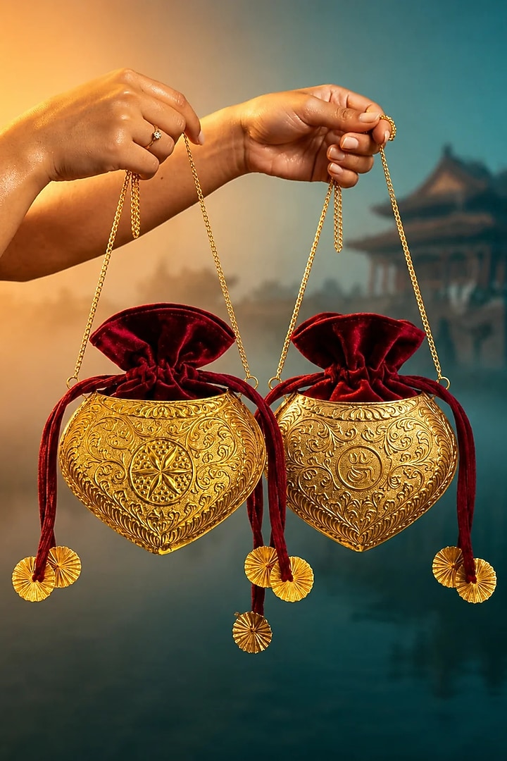 Gold Brass & Velvet Handcrafted Potli by Tussya at Pernia's Pop Up Shop
