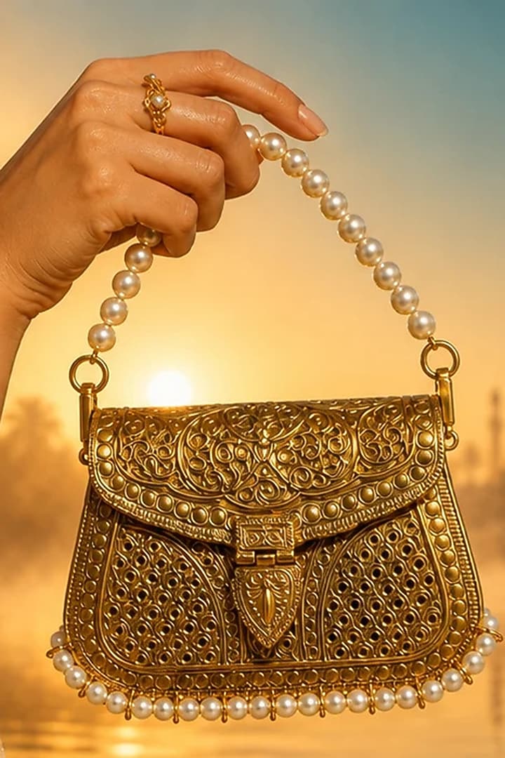 Gold Brass Pearl Beaded Handbag by Tussya at Pernia's Pop Up Shop