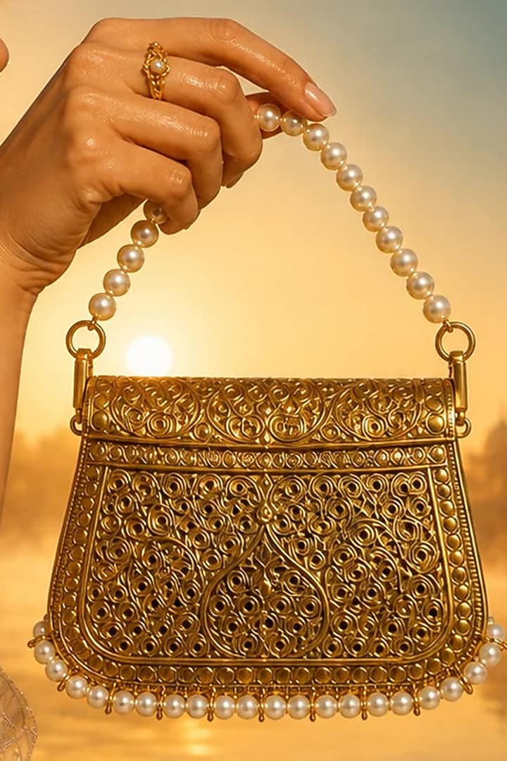 Gold Brass Pearl Beaded Handbag by Tussya at Pernia's Pop Up Shop