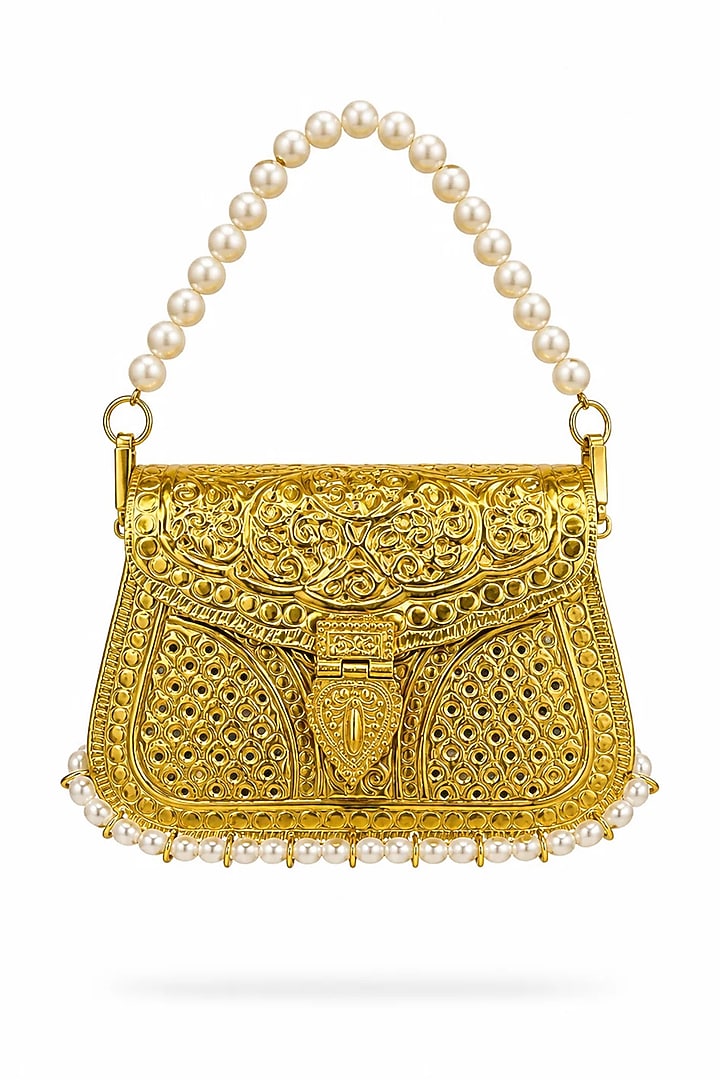 Gold Brass Pearl Beaded Handbag by Tussya at Pernia's Pop Up Shop