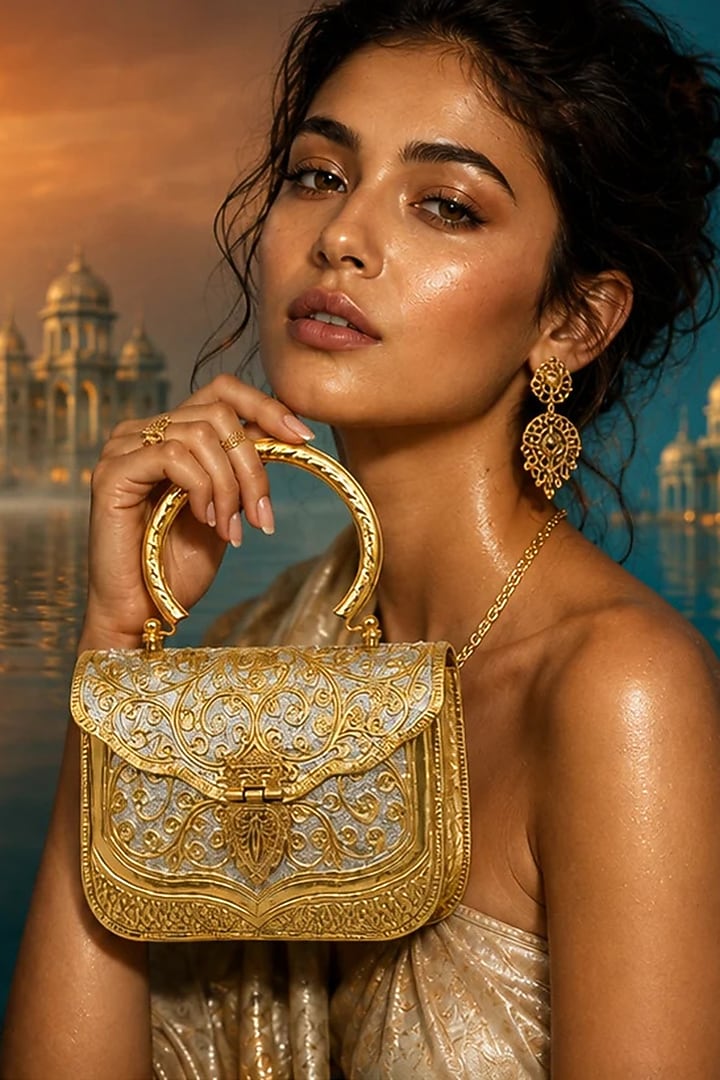 Gold Brass Embossed Handcrafted Handbag by Tussya at Pernia's Pop Up Shop