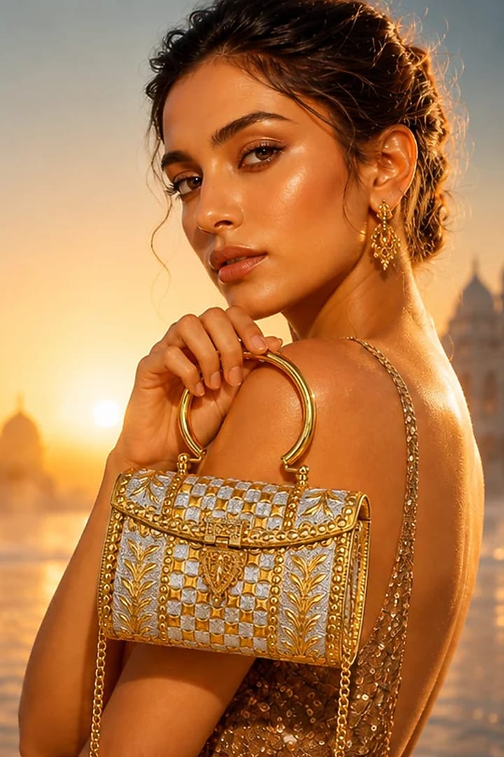 Gold Brass Embossed Handcrafted Handbag by Tussya at Pernia's Pop Up Shop
