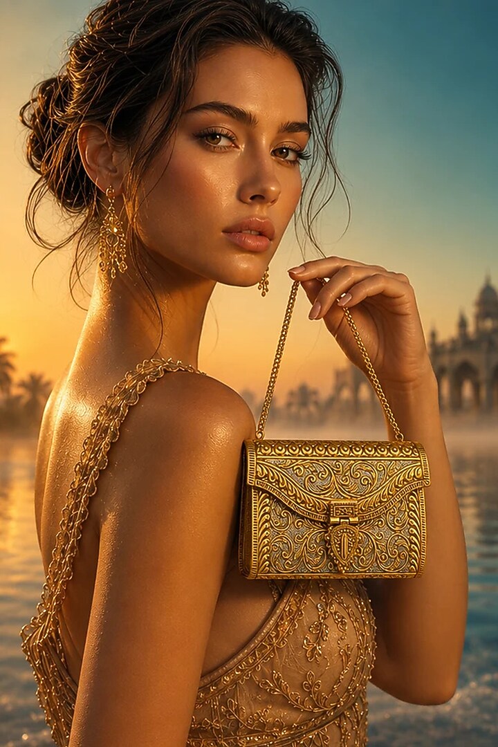 Gold Brass Embossed Handcrafted Handbag by Tussya at Pernia's Pop Up Shop