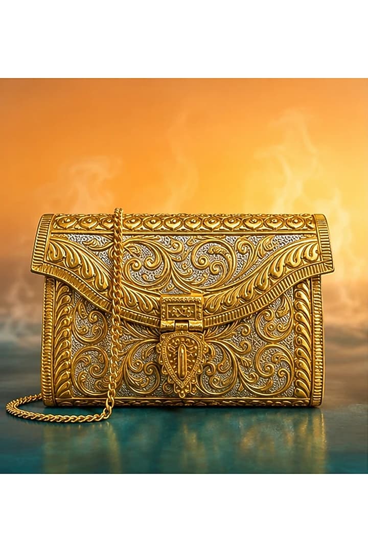 Gold Brass Embossed Handcrafted Handbag by Tussya at Pernia's Pop Up Shop