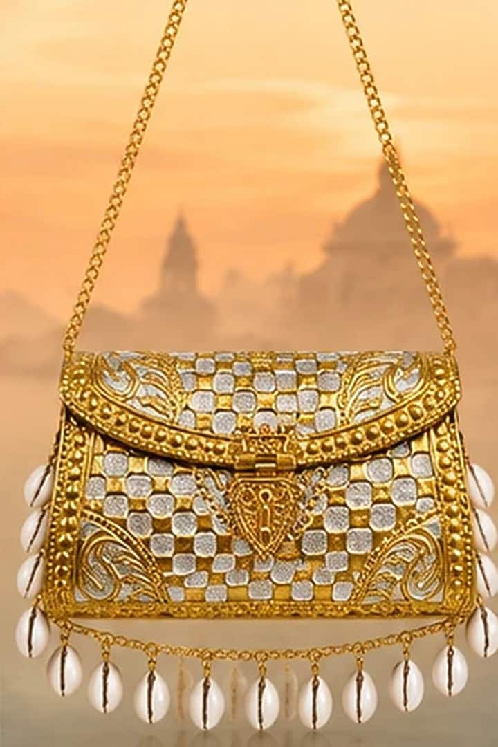 Gold Brass Embossed Handcrafted Handbag by Tussya at Pernia's Pop Up Shop