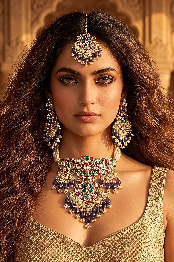 Gold Plated Kundan Polki Necklace Set by Tussya at Pernia's Pop Up Shop