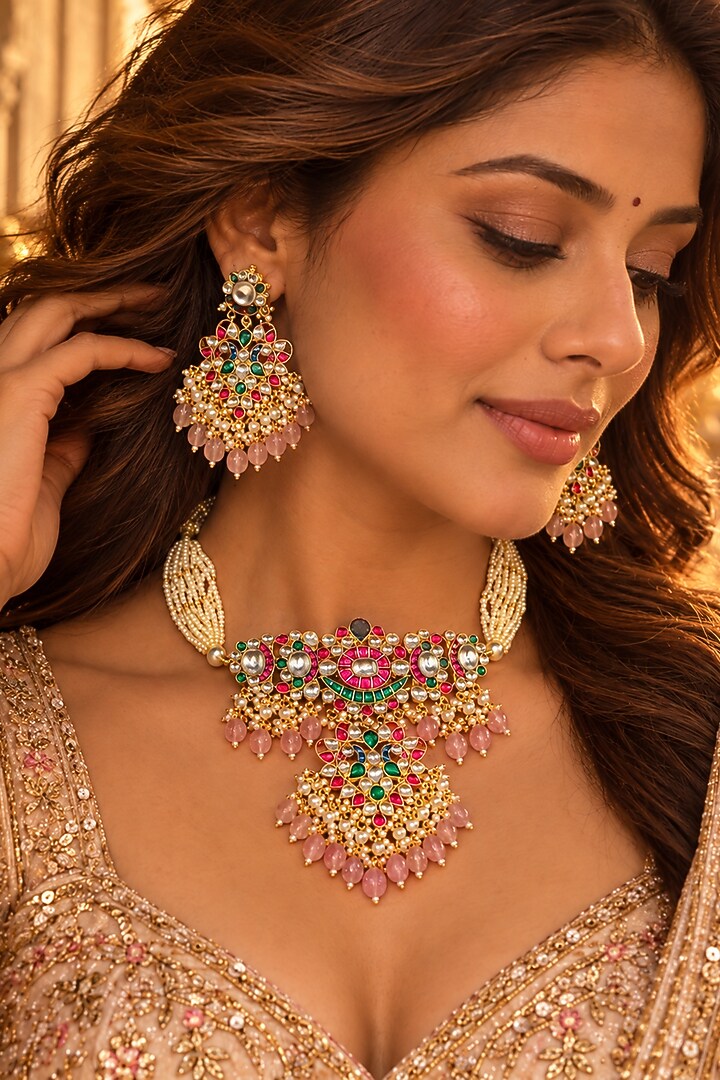Gold Plated Kundan Polki Necklace Set by Tussya at Pernia's Pop Up Shop