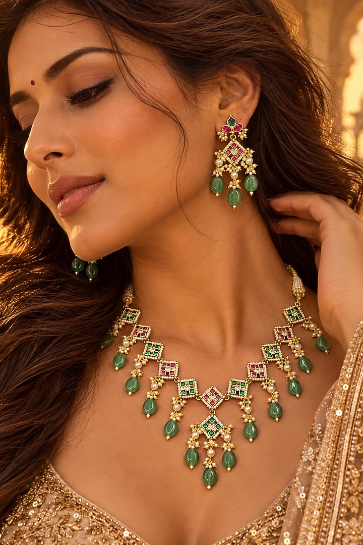 Gold Plated Kundan Polki Necklace Set by Tussya at Pernia's Pop Up Shop