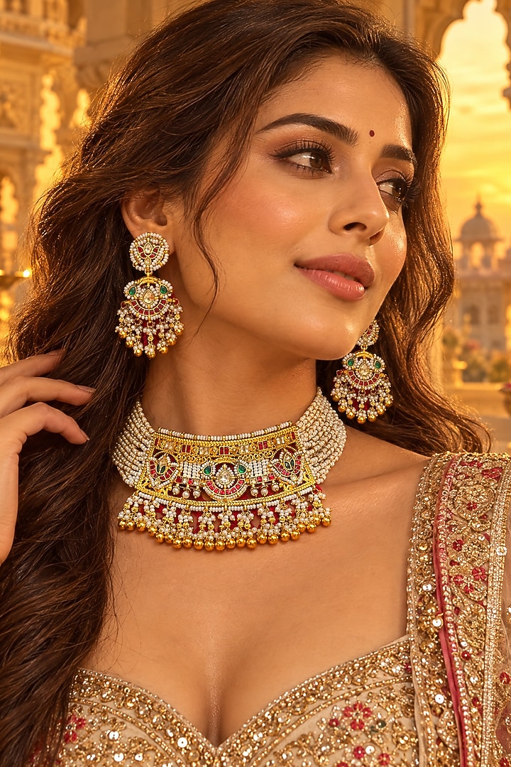 Gold Plated Kundan Polki Choker Necklace Set by Tussya at Pernia's Pop Up Shop