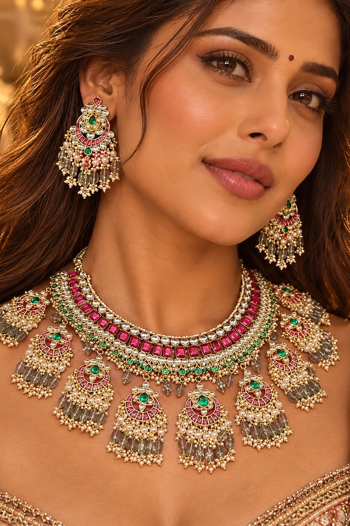 Gold Plated Kundan Polki Necklace Set by Tussya at Pernia's Pop Up Shop
