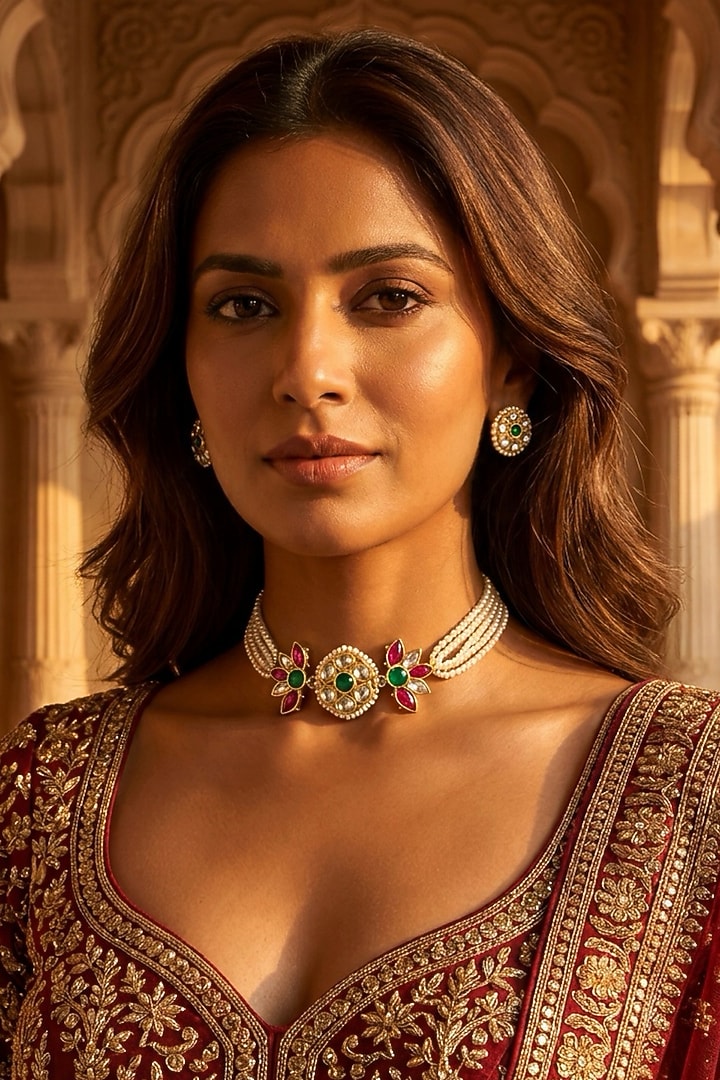Gold Plated Kundan Polki Choker Necklace Set by Tussya at Pernia's Pop Up Shop