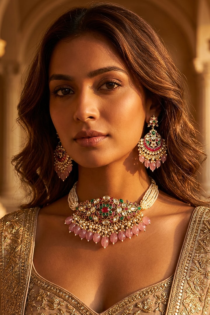 Gold Plated Kundan Polki Choker Necklace Set by Tussya at Pernia's Pop Up Shop