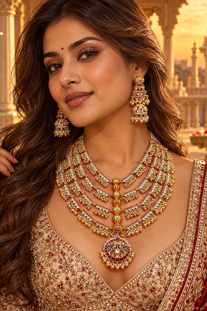 Gold Plated Kundan Polki Layered Necklace Set by Tussya at Pernia's Pop Up Shop