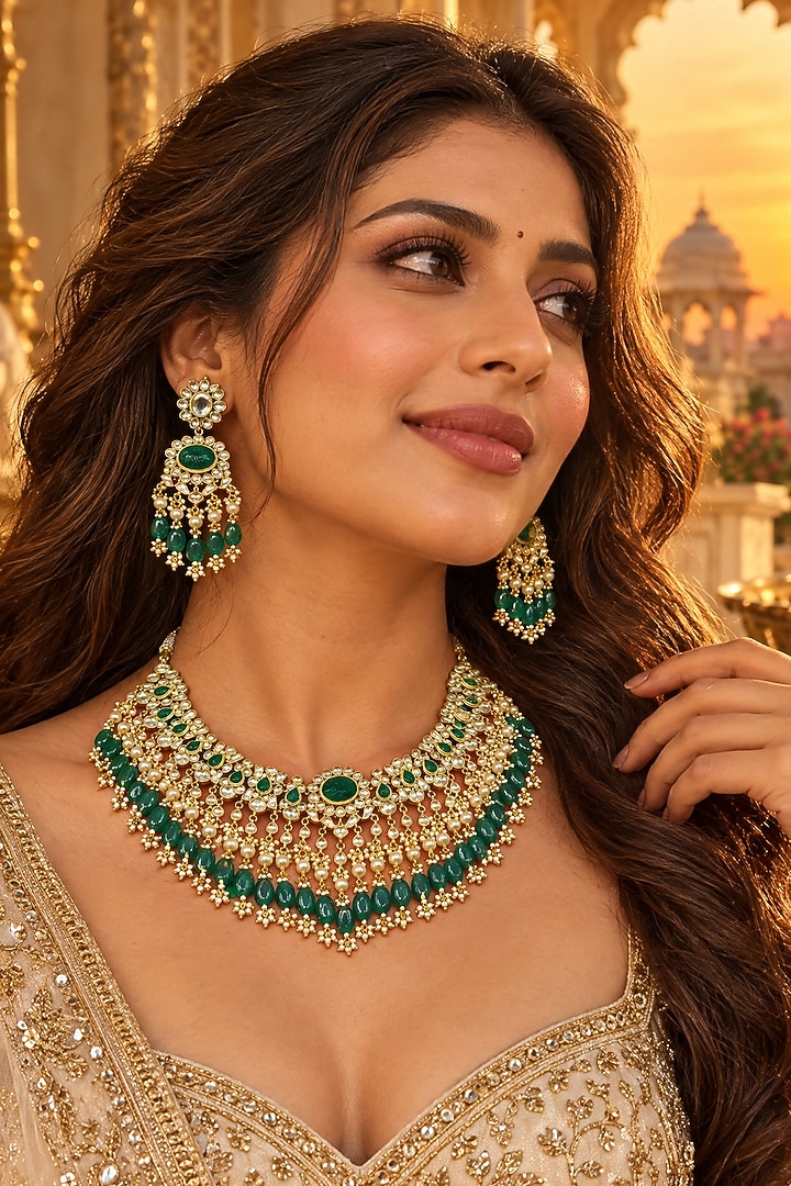 Gold Plated Kundan Polki Necklace Set by Tussya at Pernia's Pop Up Shop